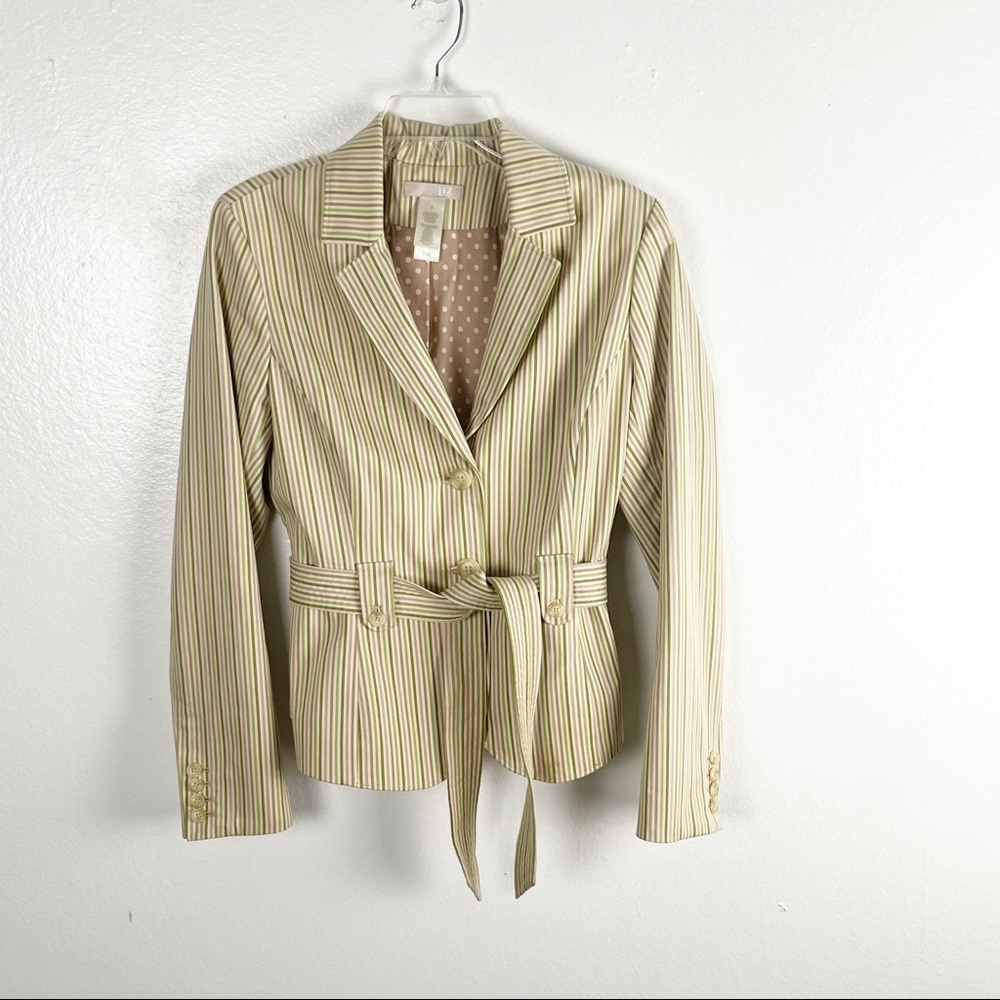 LIZ CLAIBORNE Khaki Striped Belted Waist Tie Polka Dot Lining Blazer, Size 8